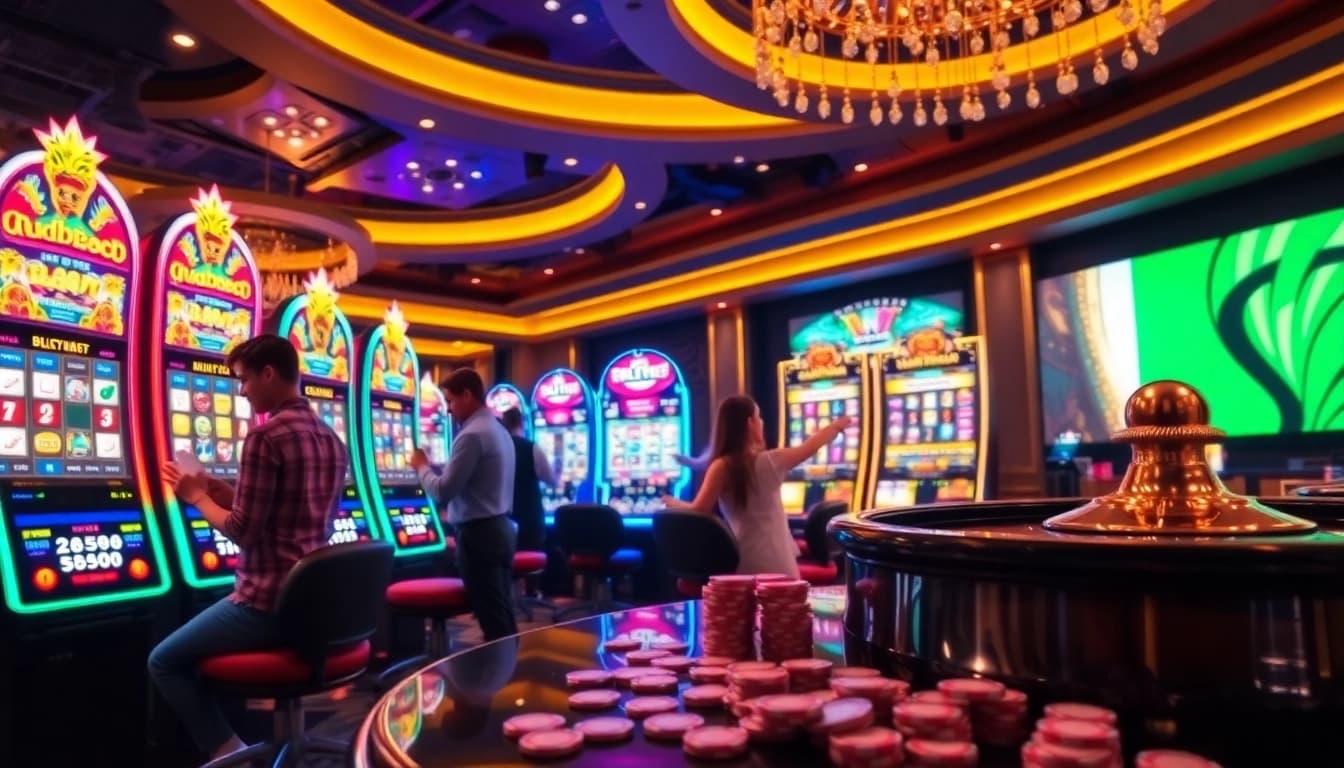 Players enjoying the excitement of slot888 with vibrant slot machines and poker chips in a luxurious casino setting.
