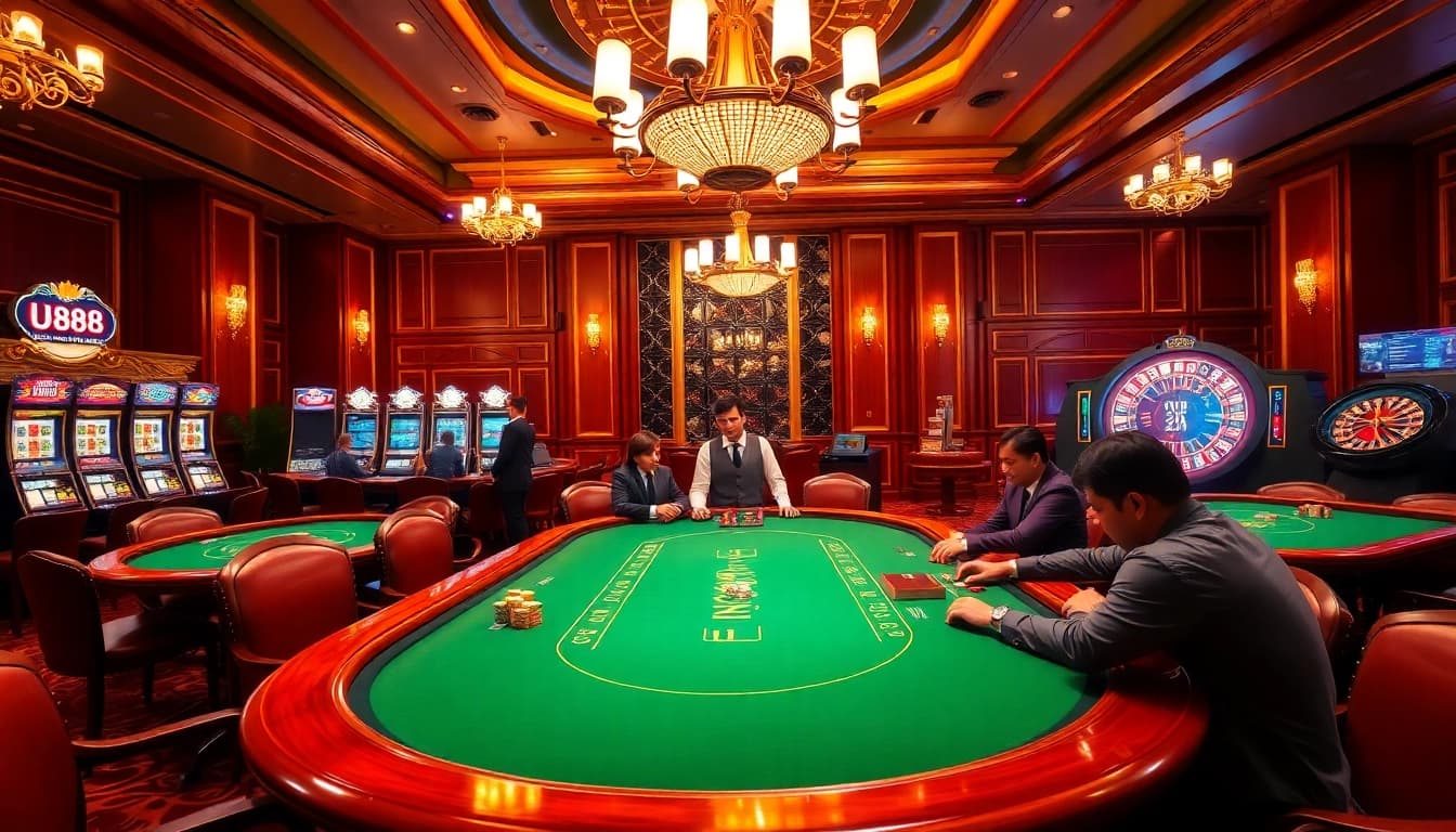 Engage with thrilling U888 online gambling action at an elegant casino table with professional dealers.