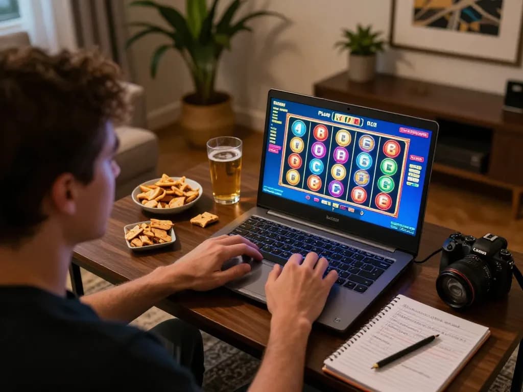 Pemain menikmati slot kasino online Planet77 di laptop di rumah, makanan ringan, dan catatan strategi di sekitarnya