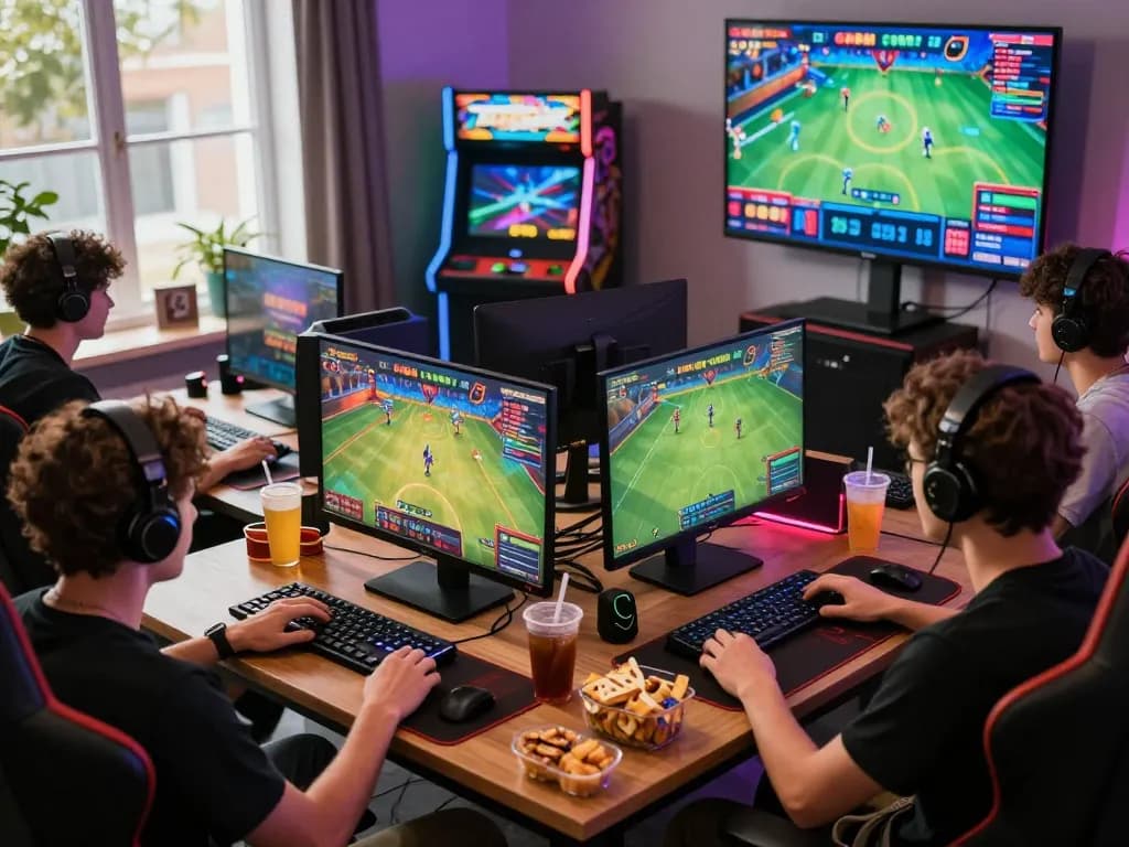 Exciting nk88 gaming setup with players enjoying diverse games, snacks, and vibrant lighting.