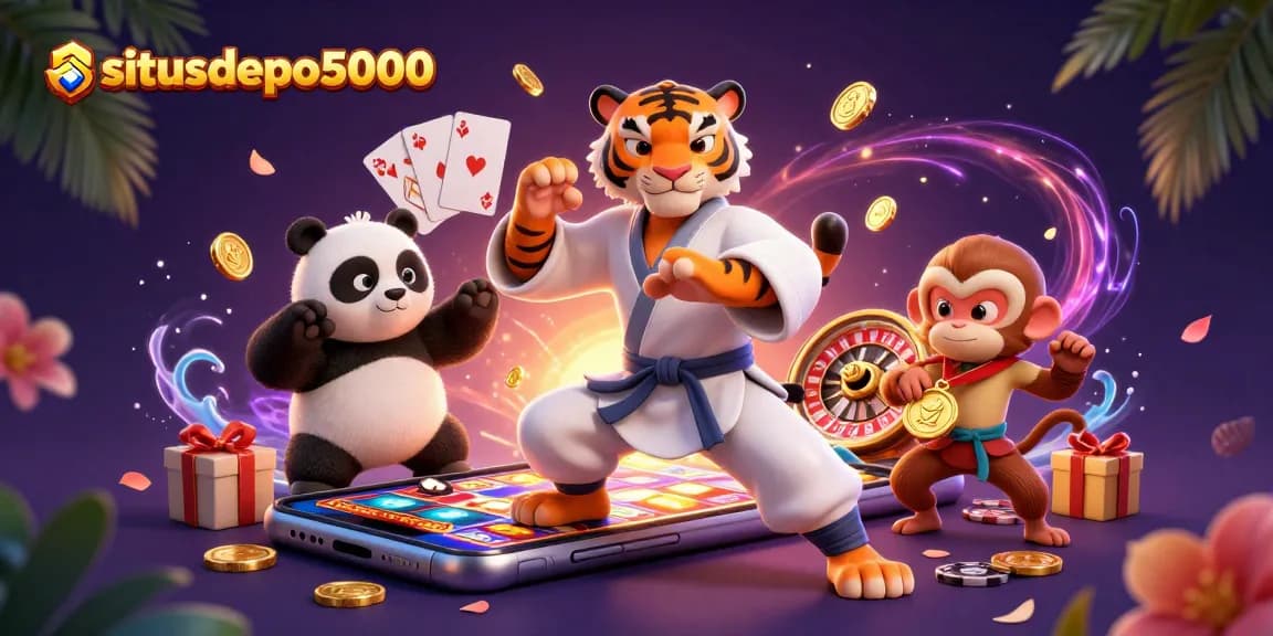 Experience the excitement of gaming with situsdepo5000, featuring a kung fu tiger, panda disciple, and monkey student in a dynamic casino scene.