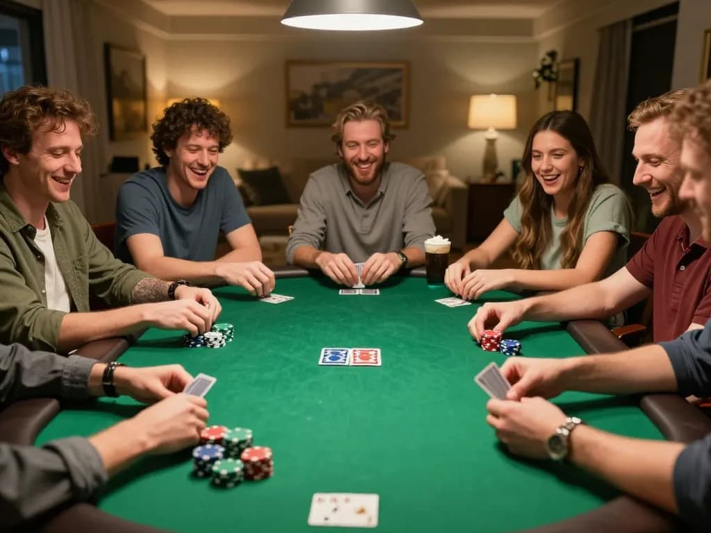Friends enjoying a lively poker game at home, showcasing king33 themed excitement and competitive spirit.