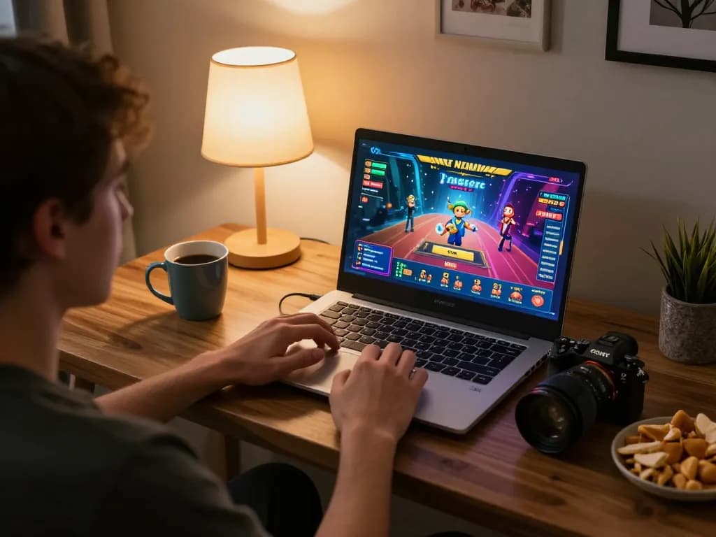Player enjoying online gaming at F168 with vibrant interface and cozy setup