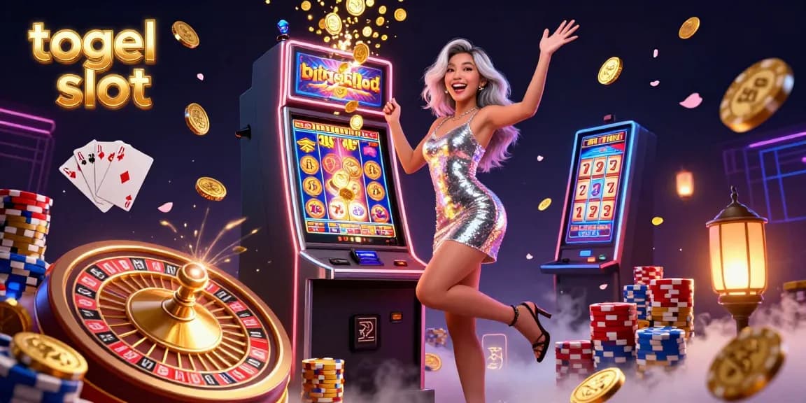 A photorealistic scene depicting an Asian woman celebrating a jackpot on a togel slot machine, surrounded by flying coins and colorful chips.