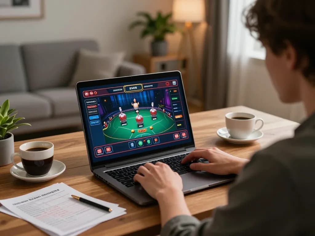 Person engaging in online gambling on a laptop, highlighting f8beta2 gaming interface in a cozy setup