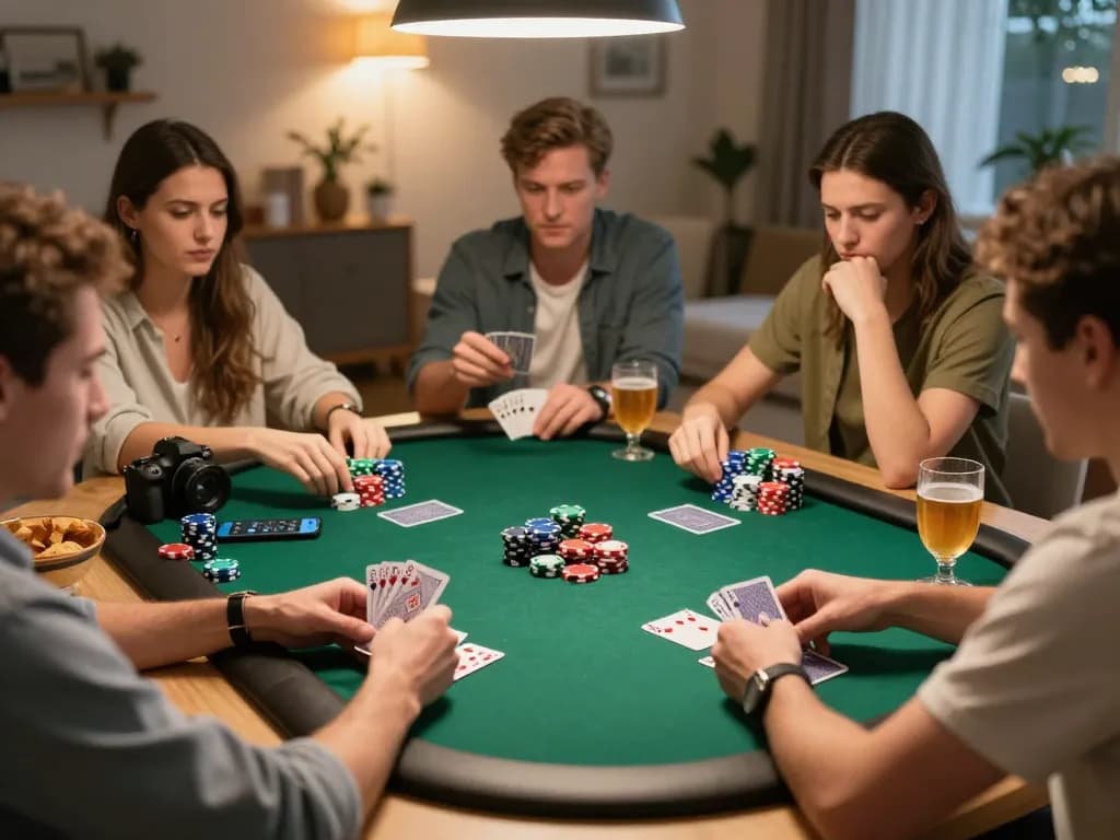 Friends enjoying a lively poker game at home while placing sbobet bets via smartphone.