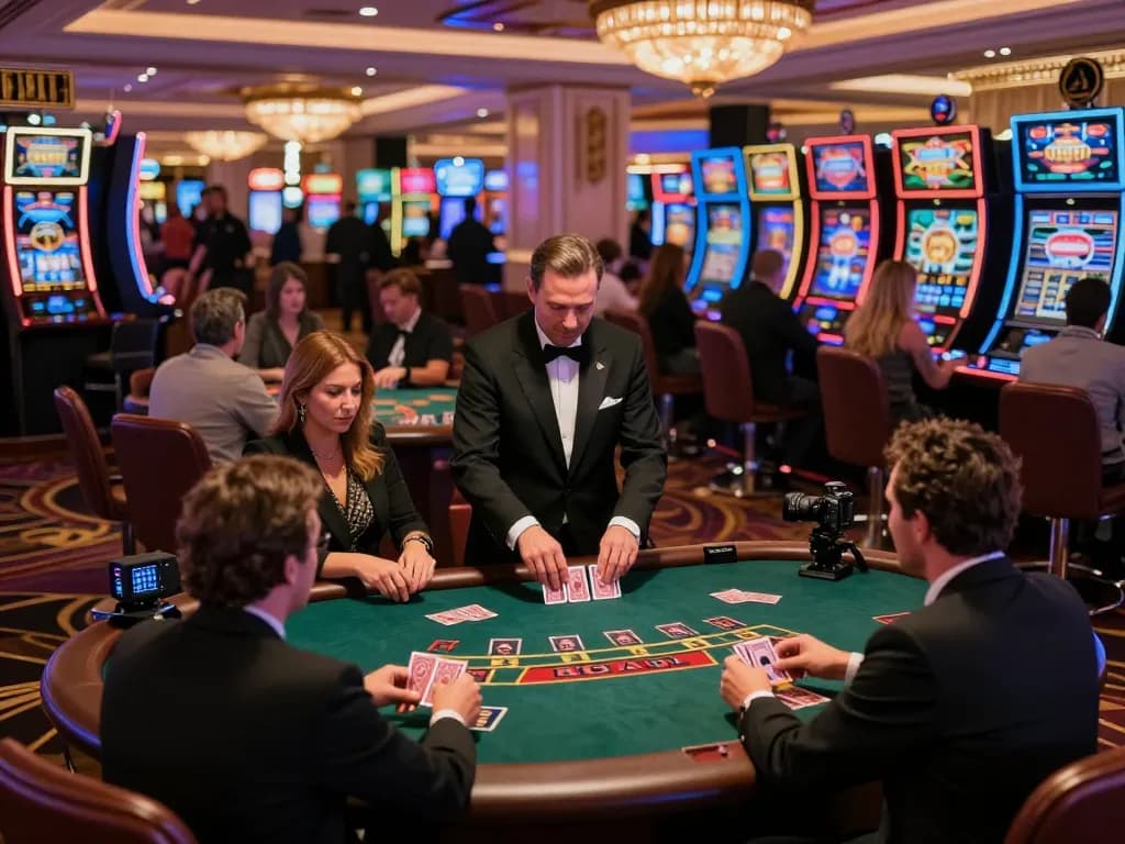 Engaging gameplay at taixiusunwin.art with players at blackjack tables in a vibrant casino.