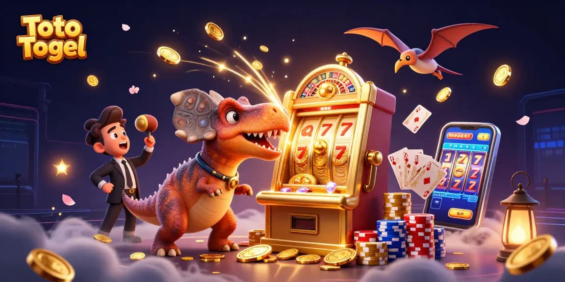 Toto Togel menarik koin jackpot dari mesin slot dengan dinosaurus kartun dan manajer kasino