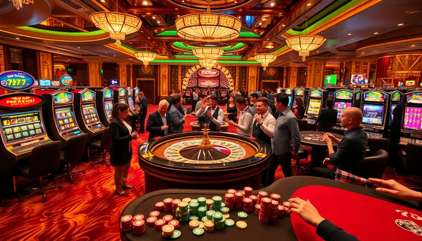 Engaging casino scene showcasing excitement at 7C77 with vibrant roulette and slot machines.