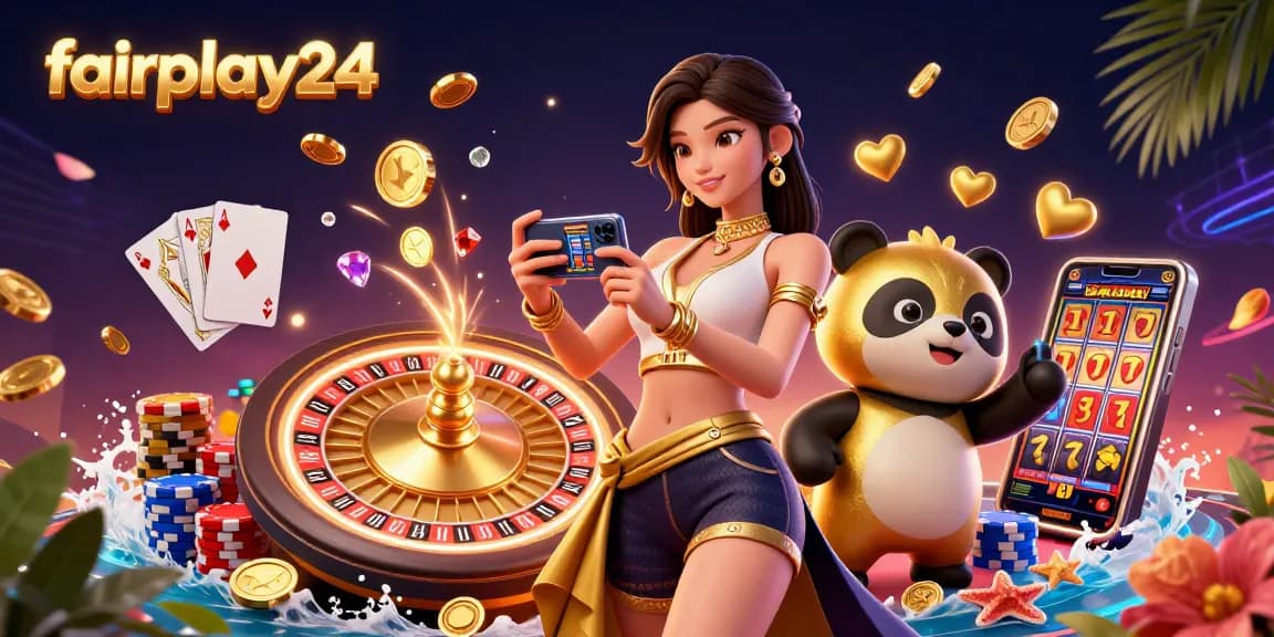 Experience the excitement of fairplay24 with a vibrant illustration of an Asian woman playing mobile casino games amidst dazzling casino elements.
