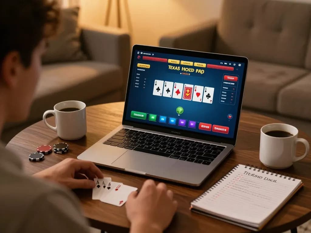 Engaged player using laptop for online poker at nhà cái MAY88, showcasing gameplay and strategy notes.