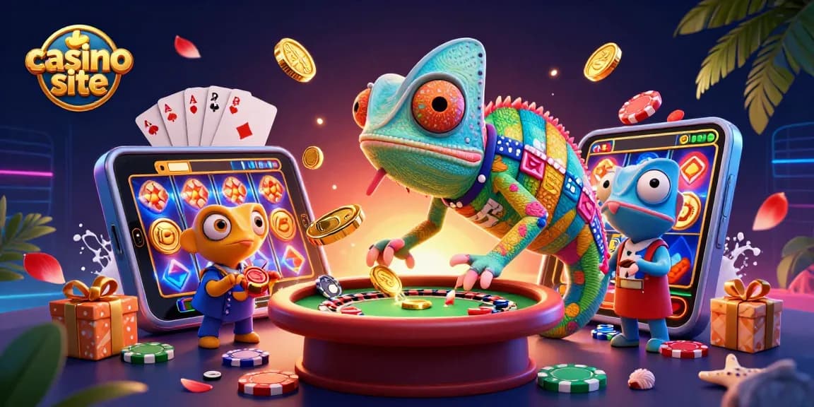 Engaging 3D casino site illustration with a lively chameleon promoting a vibrant online casino experience.