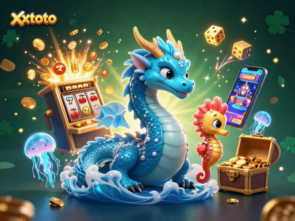 Memenangkan jackpot dengan xxtoto di slot megah yang dikelilingi oleh naga air dan kuda laut.