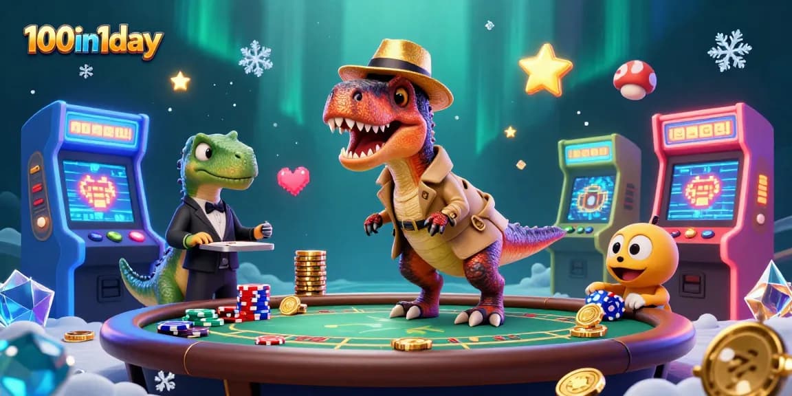 Engage with 100in1day at a vibrant gaming scene featuring a velociraptor and stegosaurus at the blackjack table.