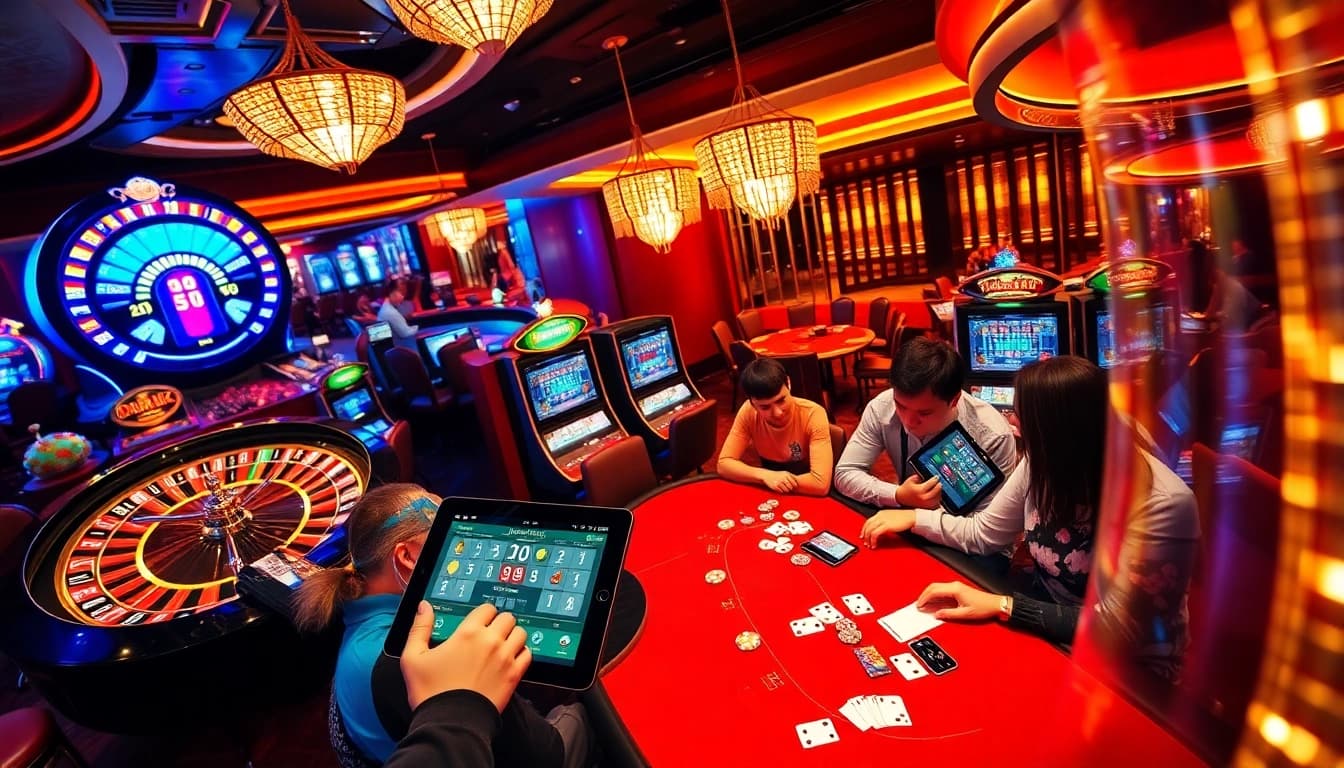 SODO Casino's engaging players at a poker table with vibrant chips, showcasing thrilling gambling excitement.