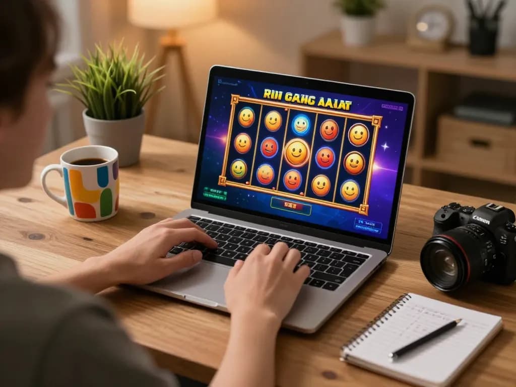 Engaged user playing 8xbet online casino slots on a laptop in a cozy home setting.