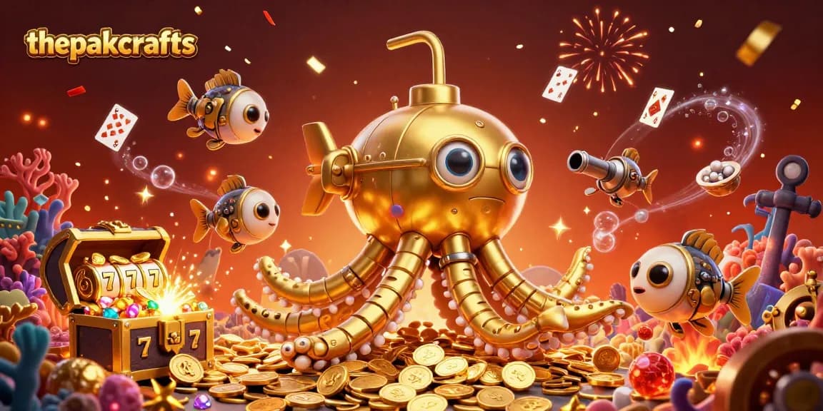 Engage with thepakcrafts' thrilling scene featuring a kraken submarine amidst golden coins and slot reels.