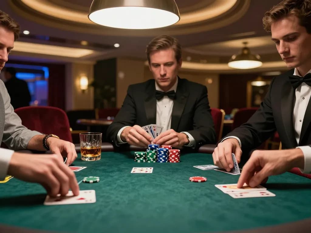 UK88 poker players engaging in strategic card gameplay at a luxurious casino table.