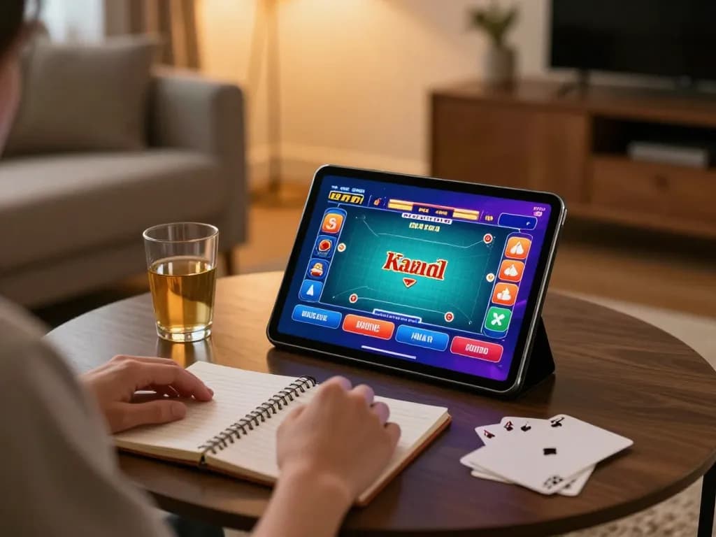 Terlibat dengan tenku-ichiba melalui permainan kasino online di tablet dalam suasana rumah yang nyaman