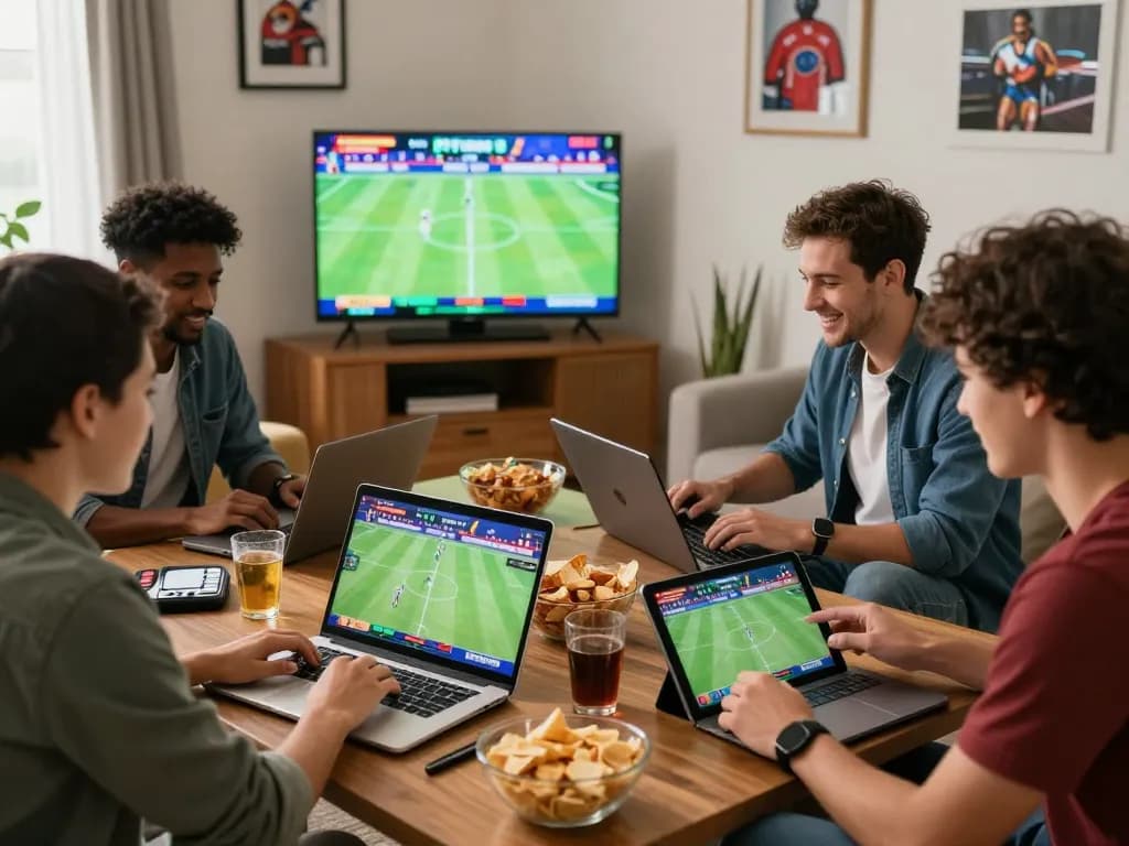 Friends enjoying 88aa online gambling experience in a lively living room while watching sports events.