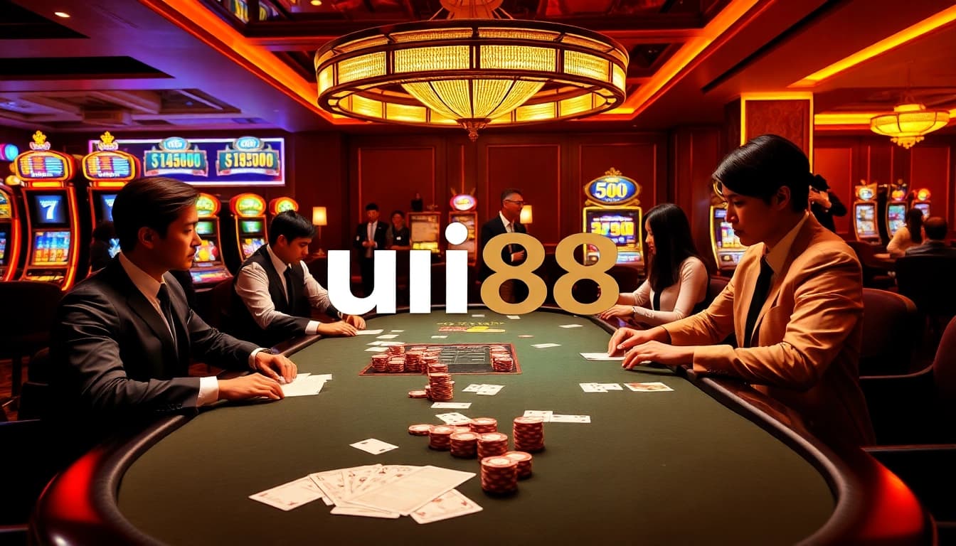 Players enjoying high-stakes games at uu88 casino, featuring poker chips and vibrant slots.
