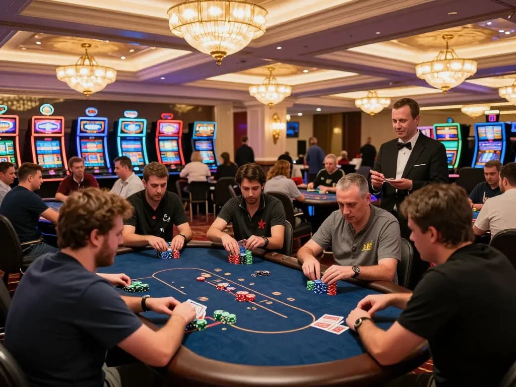 Players engage in a high-stakes poker game at J188 casino, showcasing strategic gameplay and vibrant atmosphere.