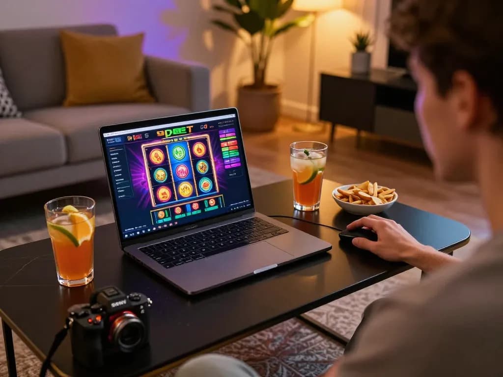 Engaging 9bet online gaming scene with player using laptop for exciting gameplay.