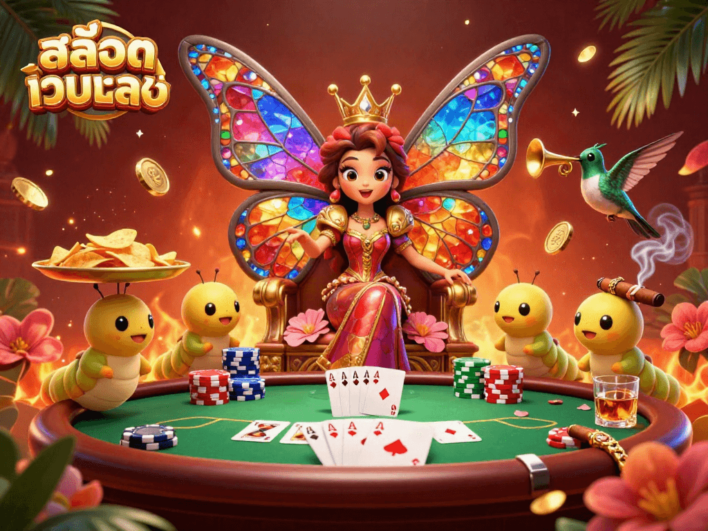Experience สล็อตเว็บตรง gameplay with vibrant characters in a captivating casino scene featuring poker elements.