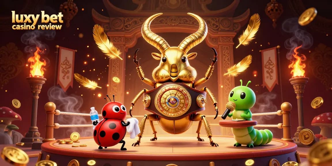 Experience the excitement of luxy bet casino review with a dynamic 3D illustration of a boxing beetle champion.
