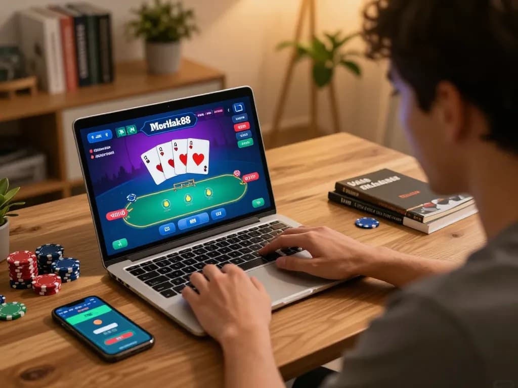 Pemain menyusun strategi di antarmuka poker online meledak88, fokus di ruang belajar rumah yang nyaman.