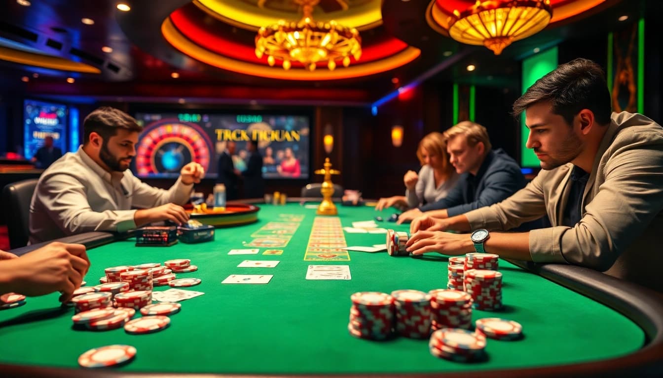 A thrilling poker scene at https://good88k.co/ featuring colorful chips, engaged players, and a luxury atmosphere.