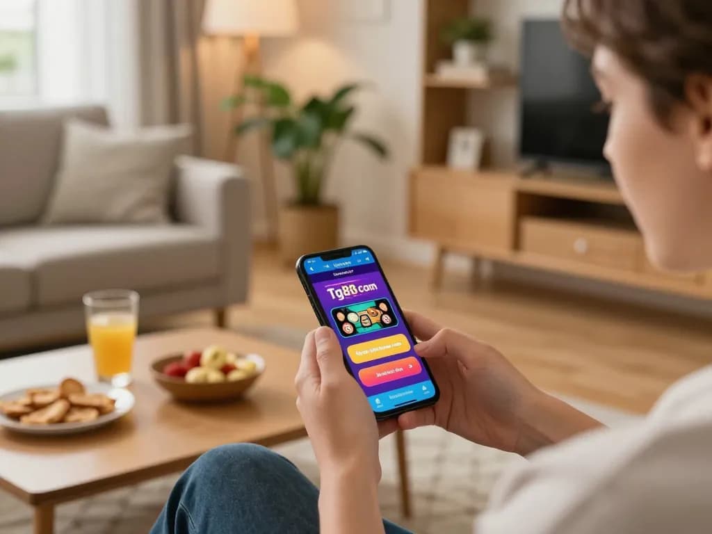 Engaging with tg88 com app on smartphone while enjoying online casino gaming in a cozy living room