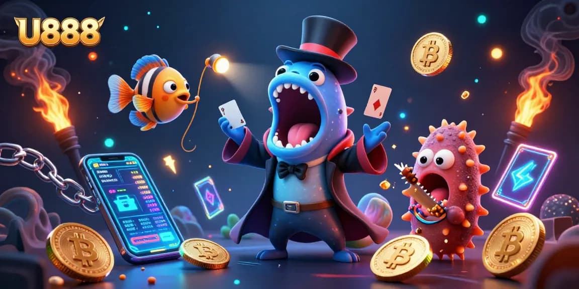 U888 showcases engaging gambling action with vibrant characters, sparkling crypto elements, and magical scenes.