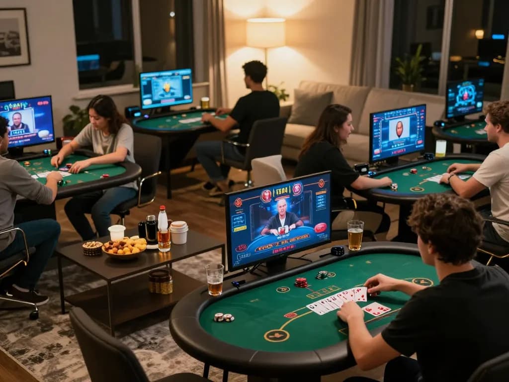 Players engaged in online gaming at home with go8 platform displaying dynamic poker cards