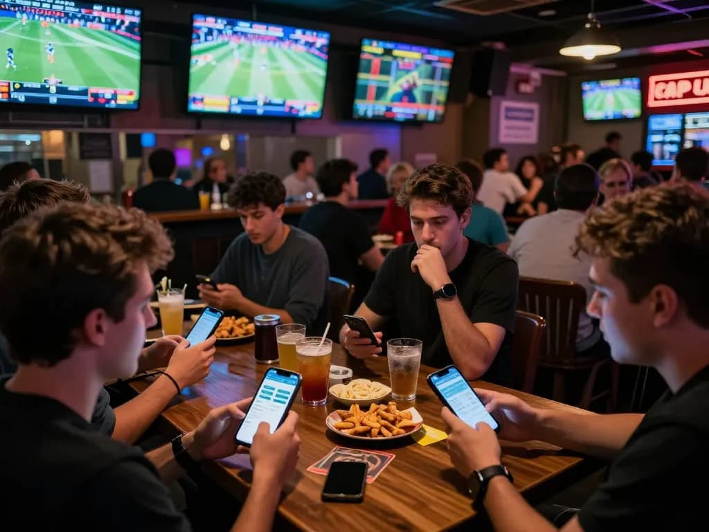 Kèo nhà cái 5 in action as bettors analyze odds on mobile devices in a lively sports bar scene.