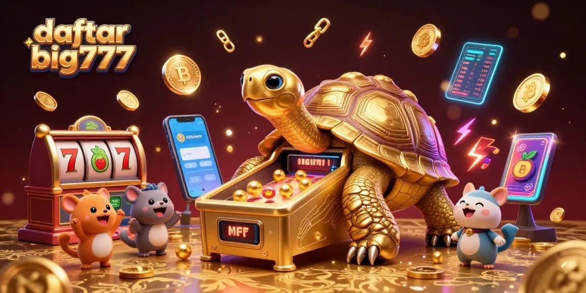 Experience daftar big777 with vibrant slots, crypto elements, and a playful tortoise in a 3D casino.