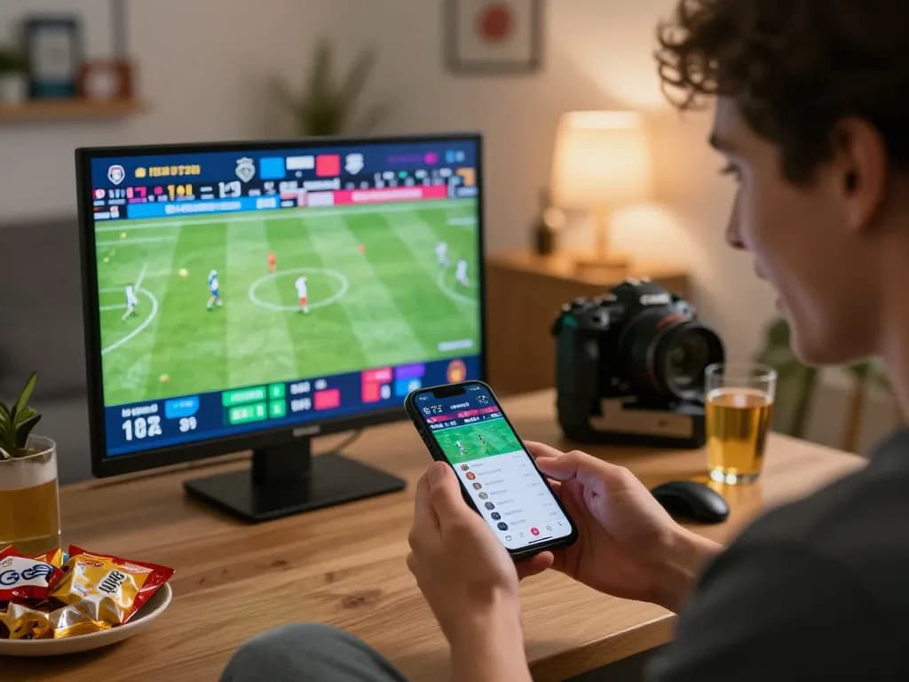 Soi kèo sports betting enthusiast placing live bets on mobile device during an intense game.