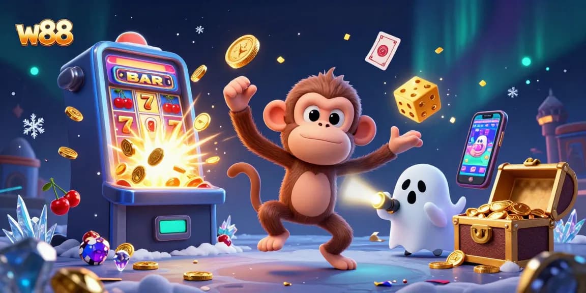 Win big with w88 at a vibrant casino scene featuring energetic characters and exciting games.