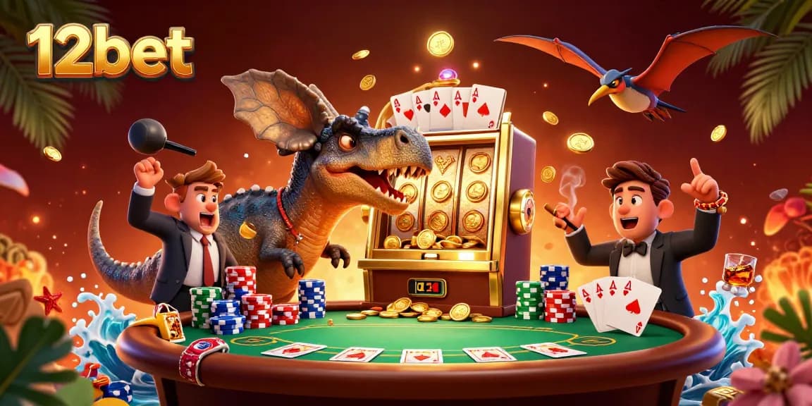 Máy đánh bạc 12bet đang được kích hoạt bởi một cái đầu pachycephalosaurus, với những đồng xu vàng bay lượn xung quanh.
