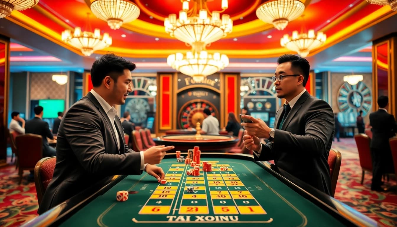 Gambling scene highlighting tài xỉu online action with excited players in a luxurious casino setting.