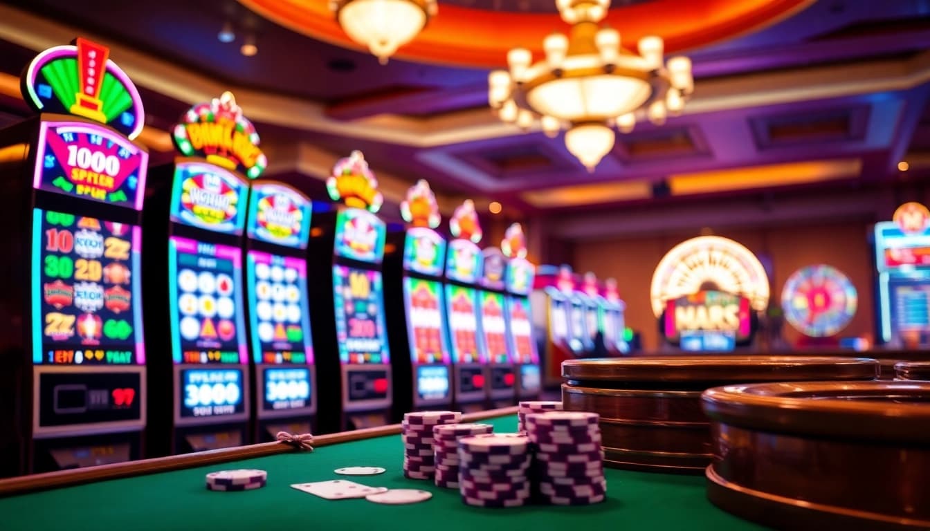 Exciting slot machine gameplay with colorful themes and poker chips on a casino table.