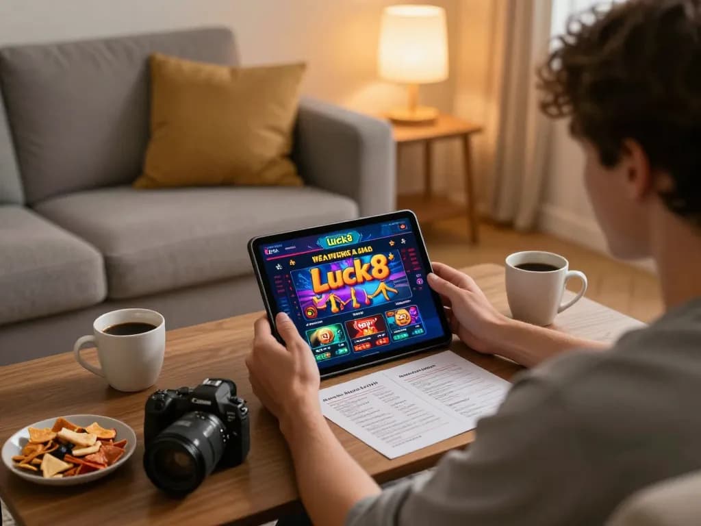 Player uses Luck8 on tablet in cozy living room for strategic online gambling.