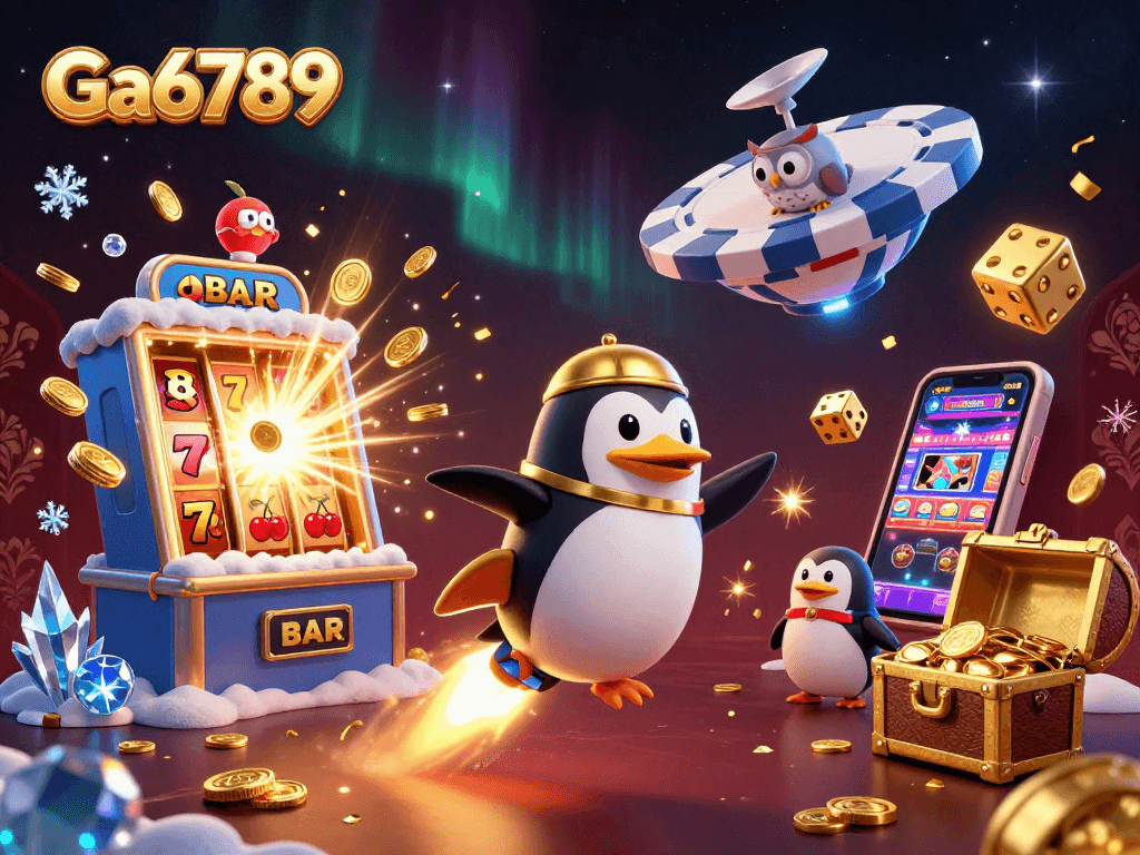 Experience dynamic Ga6789 action with a golden penguin racing towards a casino jackpot!