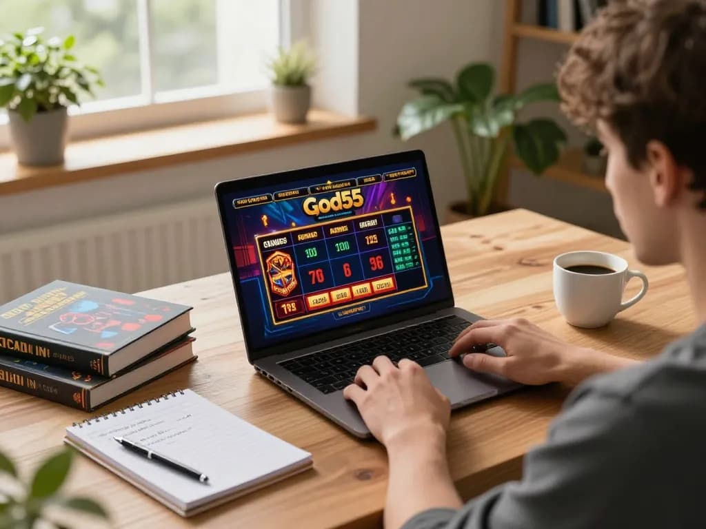 Engaged user playing God55 online casino game on laptop with cozy home setup, highlighting responsible gambling.