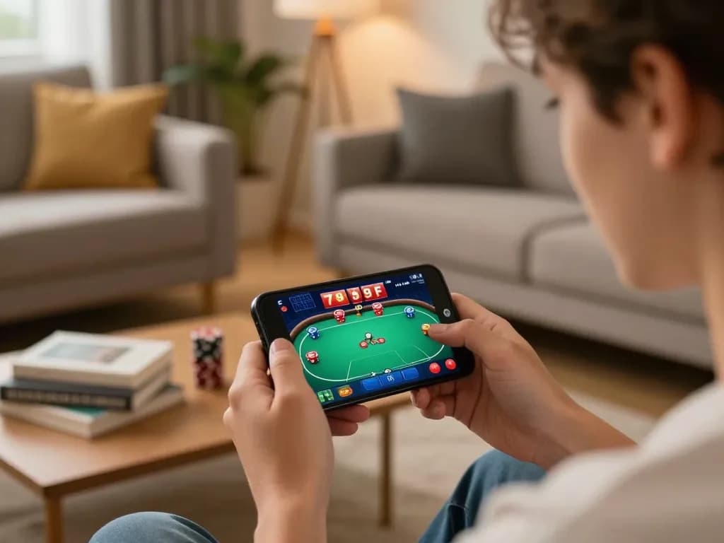 Player strategizing for poker using 789F app in a cozy living room setting.