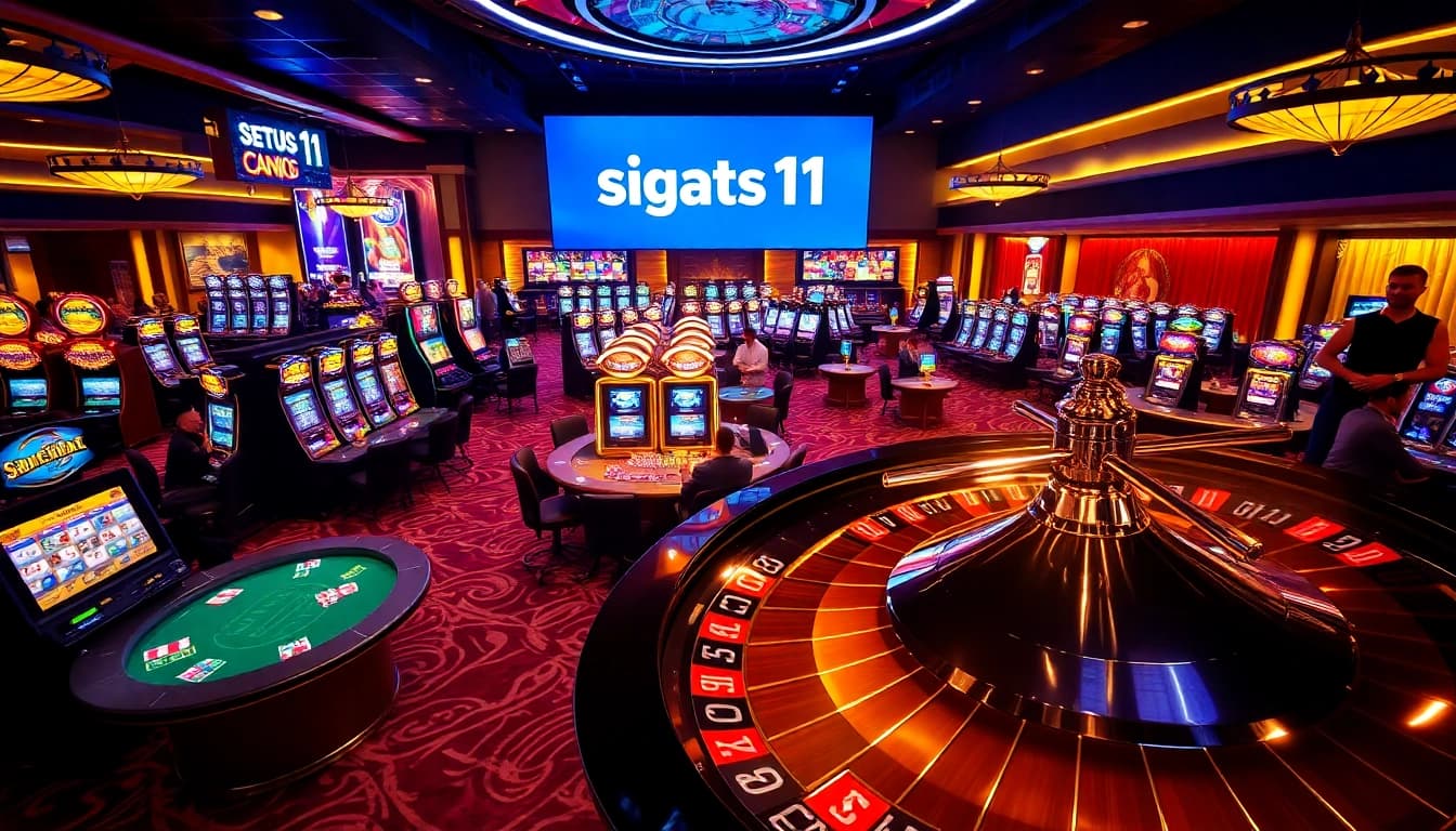 Players enjoying vibrant games at situs11 casino, featuring slot machines and poker tables.