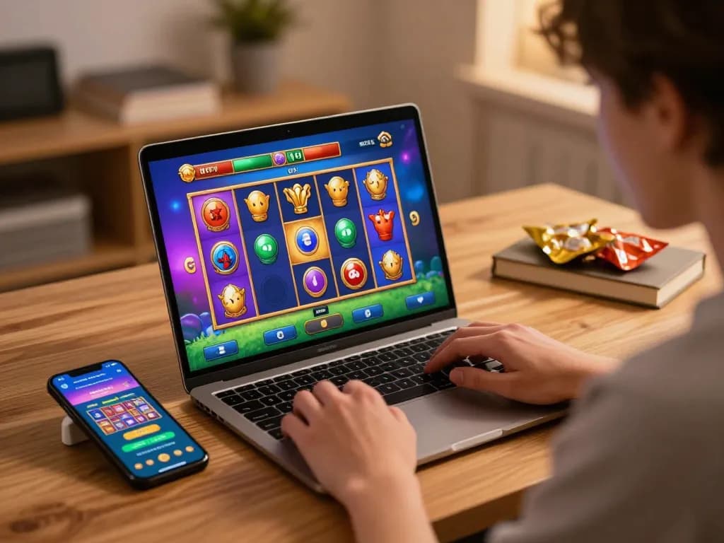 Permainan slot online yang menarik dengan laptop dan smartphone di lingkungan rumah yang nyaman