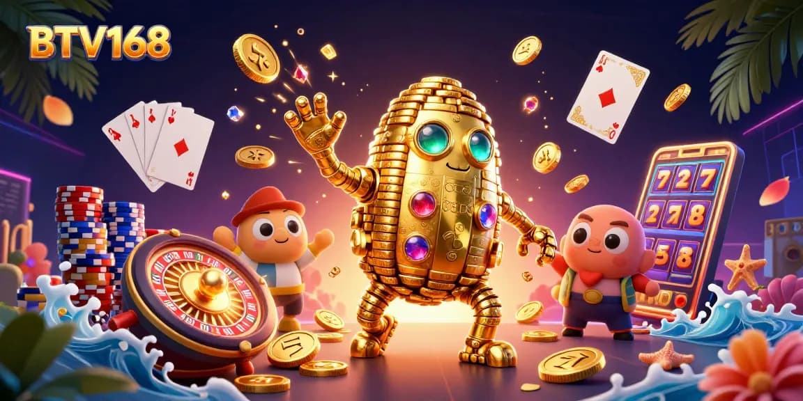 Spin to win with BTV168 in an exciting casino scene filled with golden coins and vibrant action.
