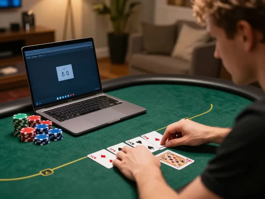 Player engaged in online poker game at 888vi, showcasing a winning hand and colorful chips.