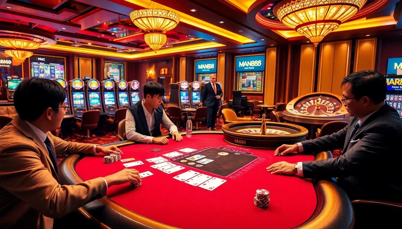 Players enjoying a high-stakes poker game at Man88 casino, showcasing excitement and luxury.
